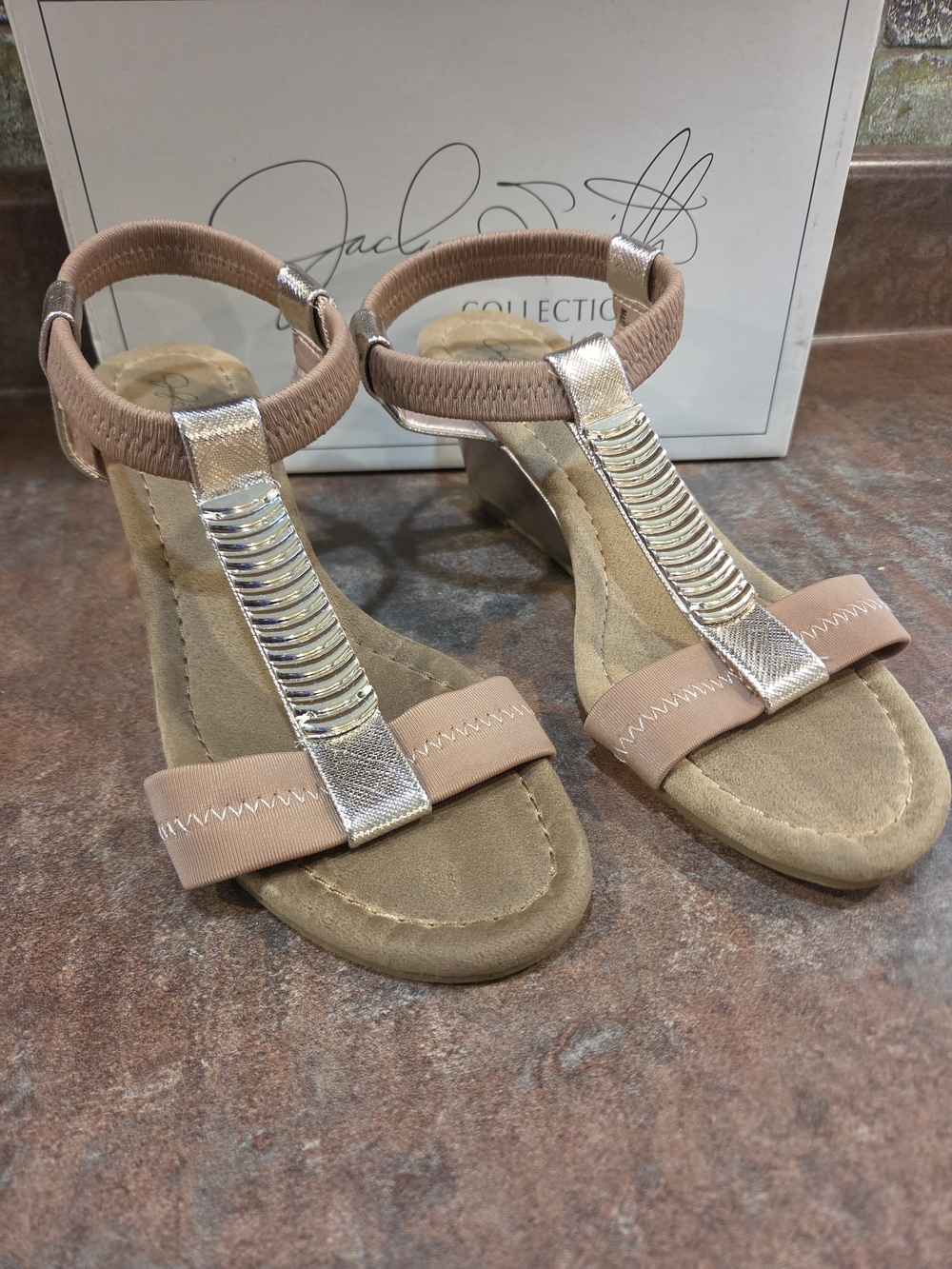 Jaclyn Smith Nude Pink T-Strap Sandals with Silver Accents
